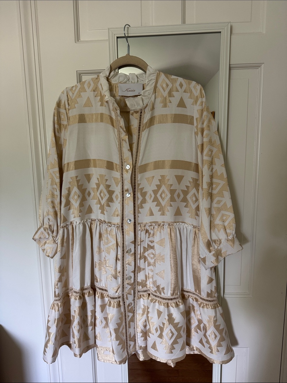 Kasia Beige and White Aztec-Print Tiered Shirt Dress